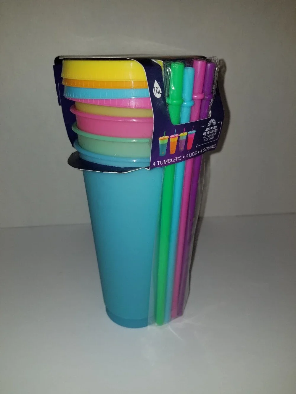Color Changing Plastic Tumbler Set Lids & Straws Blue Pink Green Yellow